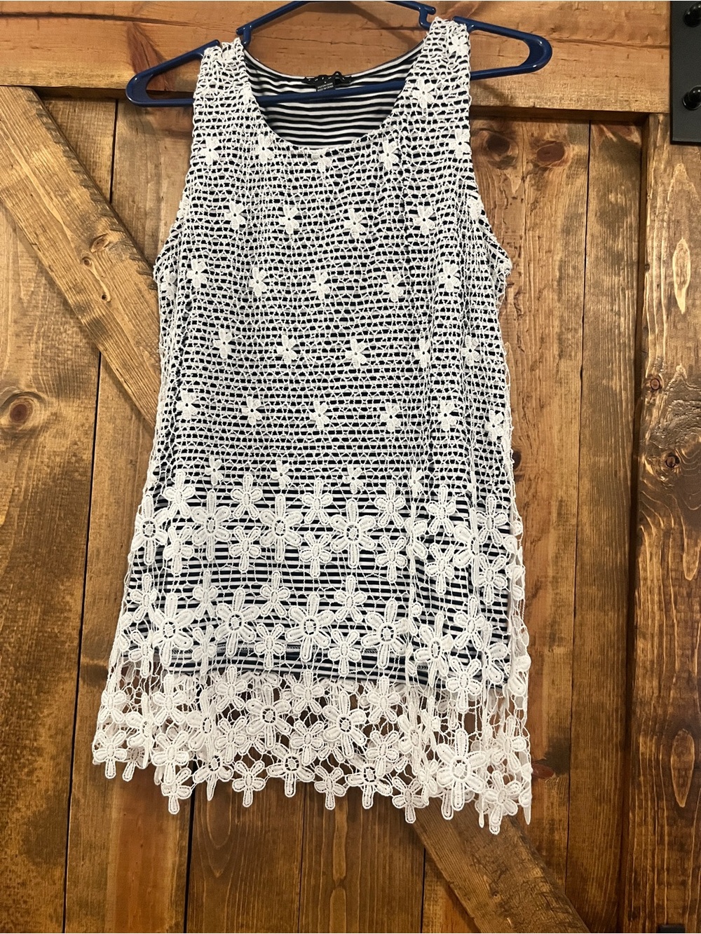 Tribal Navy Striped Tank with White Crochet Overlay